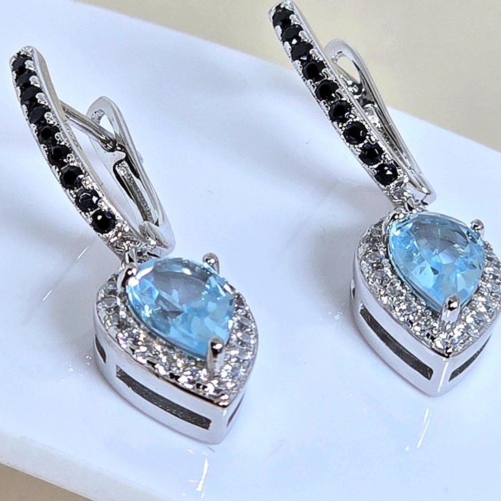 Natural Blue Topaz 8x5mm &  Black‎ Spinel 925 Sterling Silver Earrings